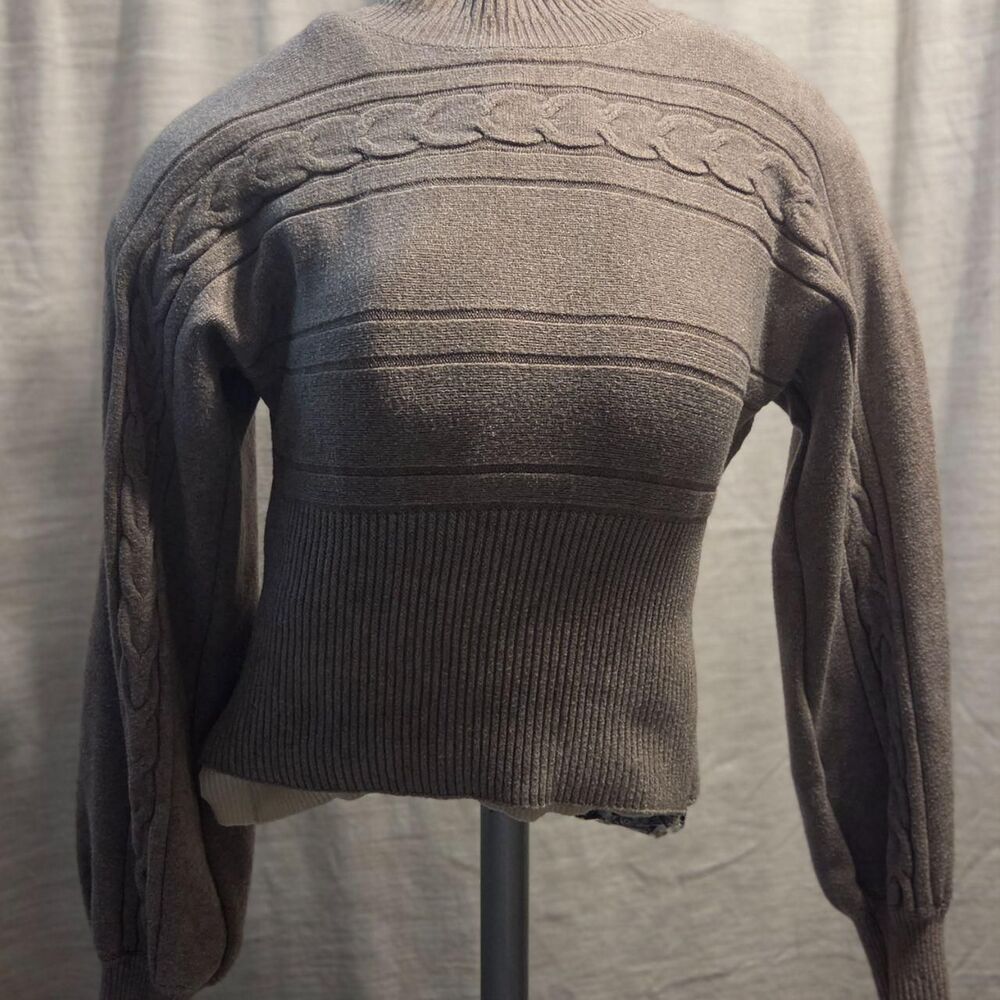 Oliver O - Women's Brown Cable Knit, Poofed Sleeves, and Pulled Waist Jumper